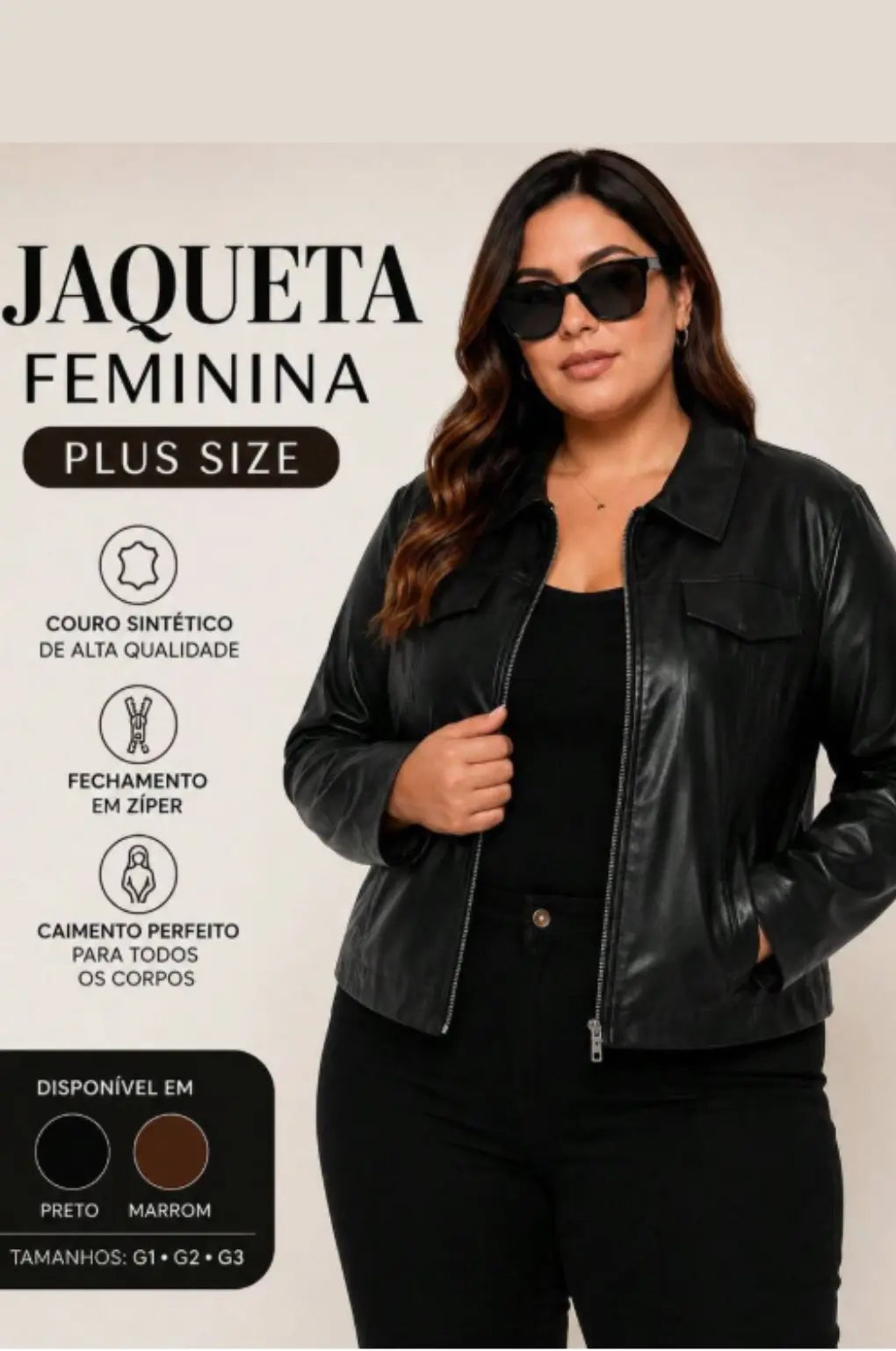 Jaqueta Feminina Plus Size em Couro Sintético com Zíper