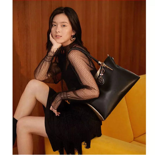 Bolsa Tote Preta Foxer com Pingente Dourado Aliexpress