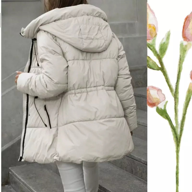 Casaco Puffer Branco Neve com Cintura Ajustável Shein