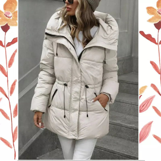 Casaco Puffer Branco Neve com Cintura Ajustável Shein
