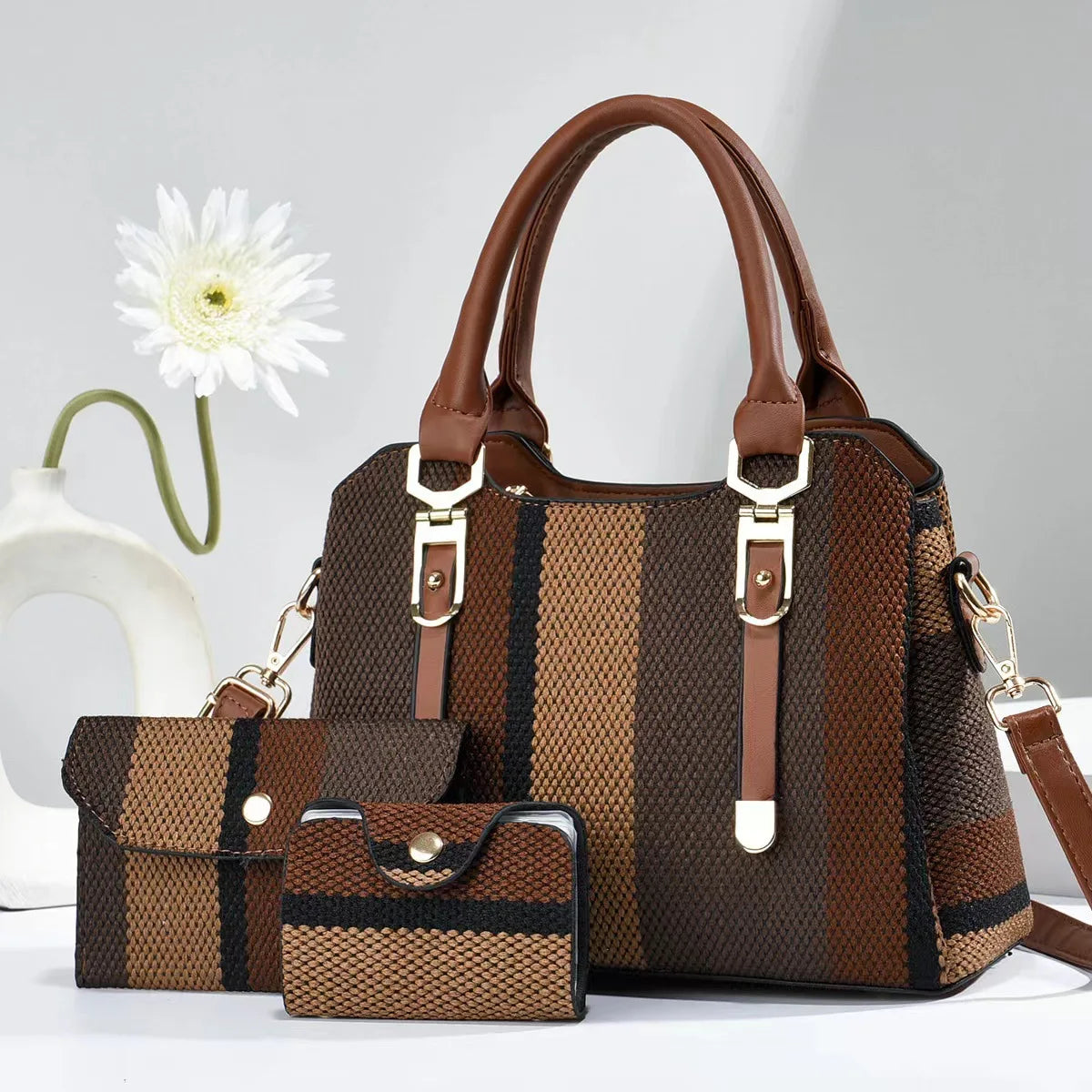 3 Piece Set Women's Bag 2024 Summer New Large Women's Handbag with Wallet Vertical Stripes Women's Shoulder Crossbody Bags