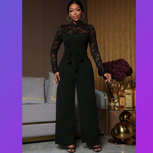 Macacão Feminino Preto com Renda Transparente Lune Shein