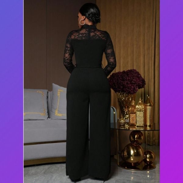 Macacão Feminino Preto com Renda Transparente Lune Shein