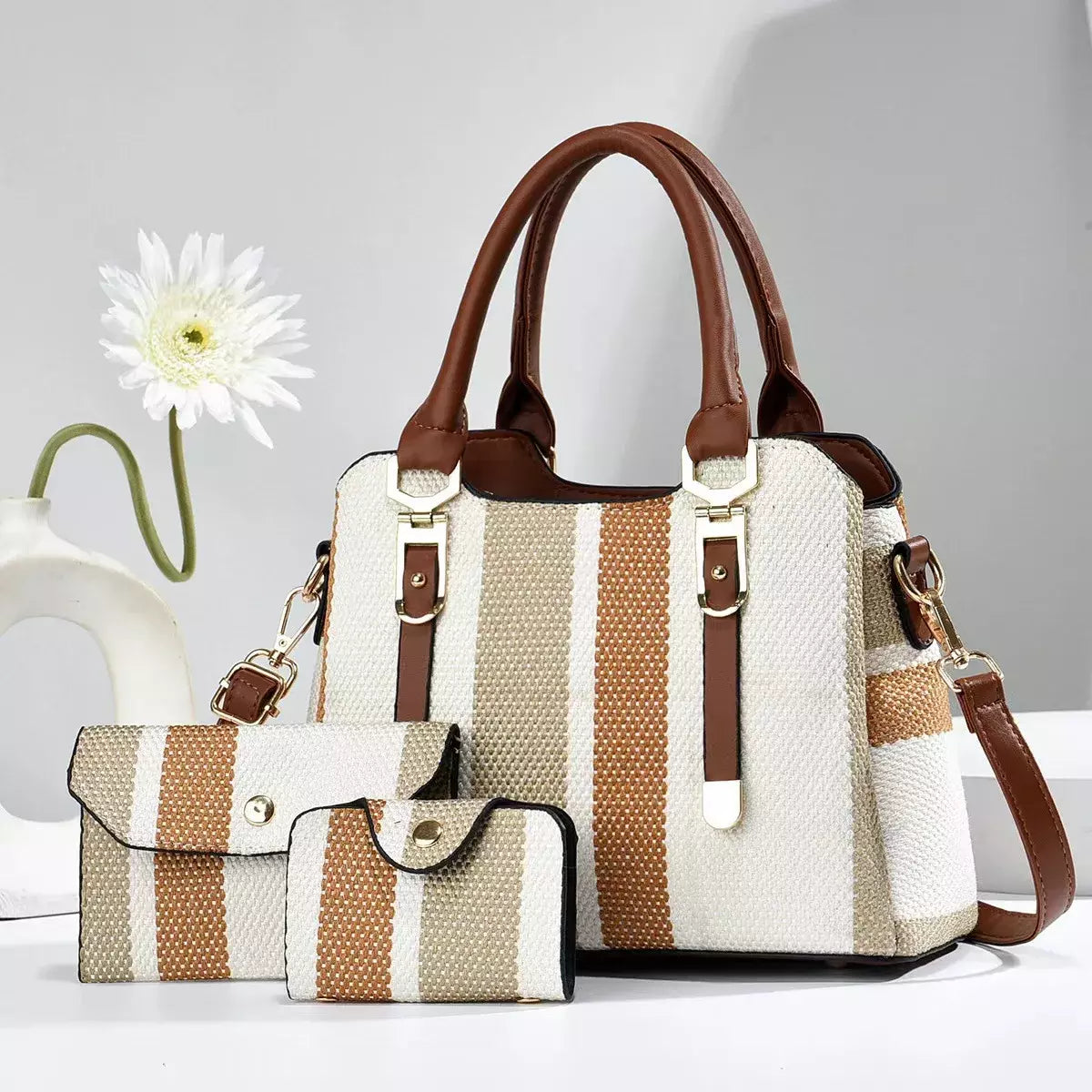 Conjunto de Bolsas 3 Peças Branco e Cinza com Detalhes Premium Aliexpress