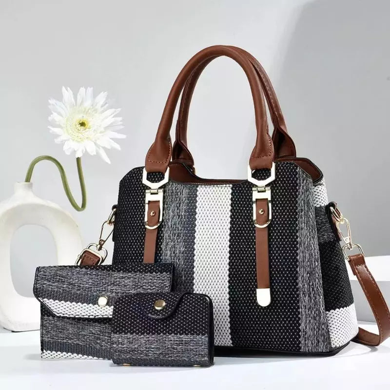 Conjunto de Bolsas 3 Peças Preto e Branco com Textura Listrada Aliexpress