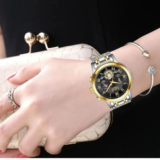 Relógio de Luxo LIGE Fundo Preto com Detalhes Dourados Aliexpress