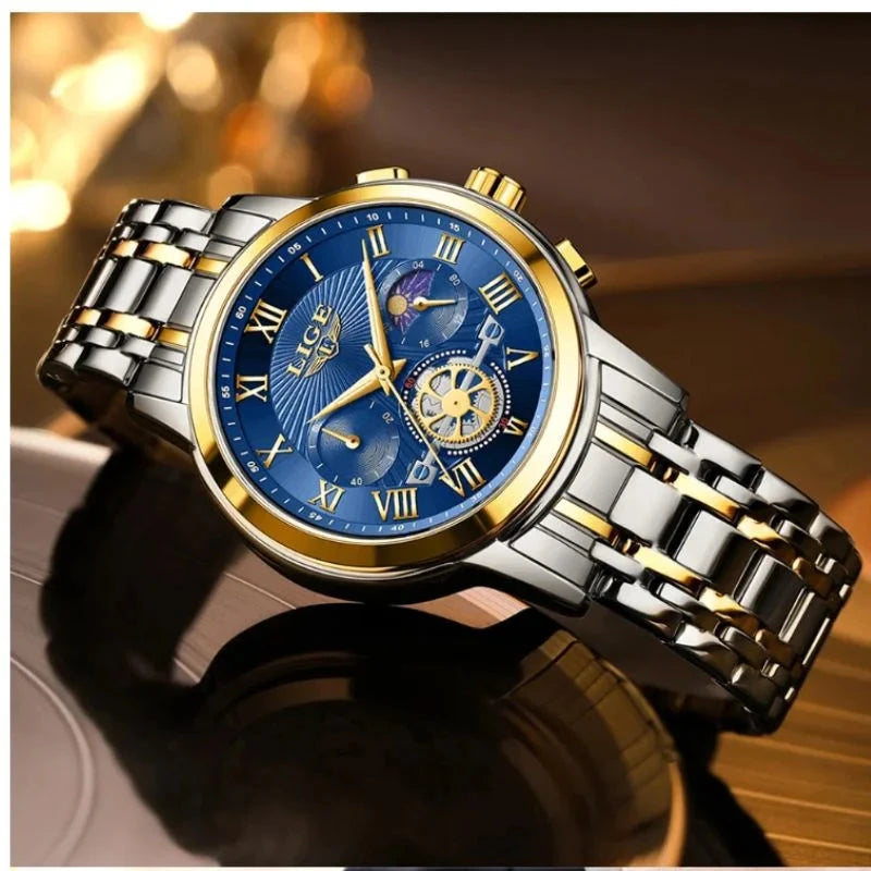 Relógio de Luxo LIGE Fundo Azul Safira com Fase da Lua Aliexpress