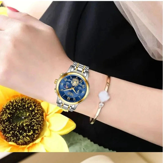 Relógio de Luxo LIGE Fundo Azul Safira com Fase da Lua Aliexpress
