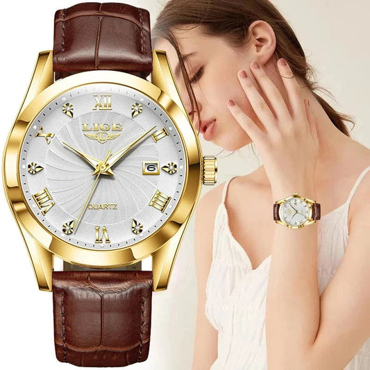 Relógio LIGE Dourado com Pulseira em Couro Marrom Aliexpress