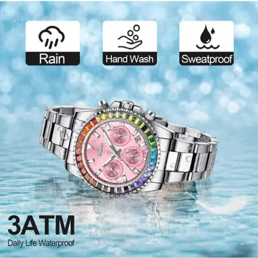 Relógio Feminino BIDEN Prata com Fundo Rosa e Aro Rainbow Aliexpress