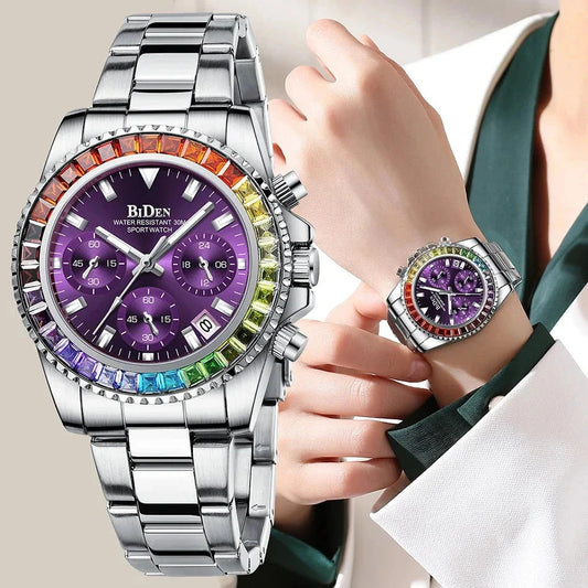 Relógio Feminino BIDEN Prata com Fundo Roxo e Aro Rainbow Aliexpress