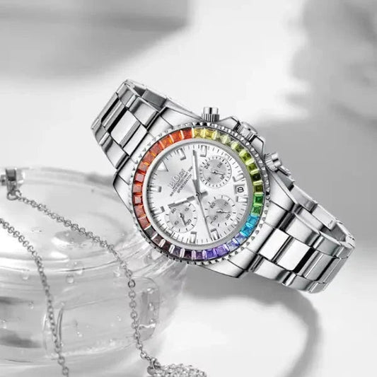 Relógio Feminino BIDEN Prata Clássico com Aro Rainbow Aliexpress