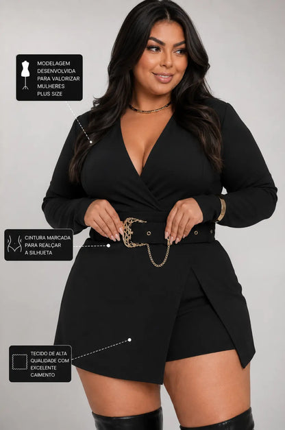 Macaquinho Plus Size Manga Longa com Cinto – Elegância e Sofisticação