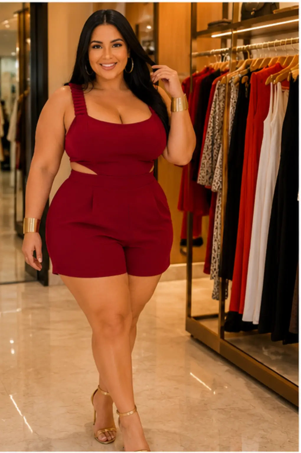 Macaquinho Plus Size com Cintura Marcada e Costas Ajustáveis Vermelho