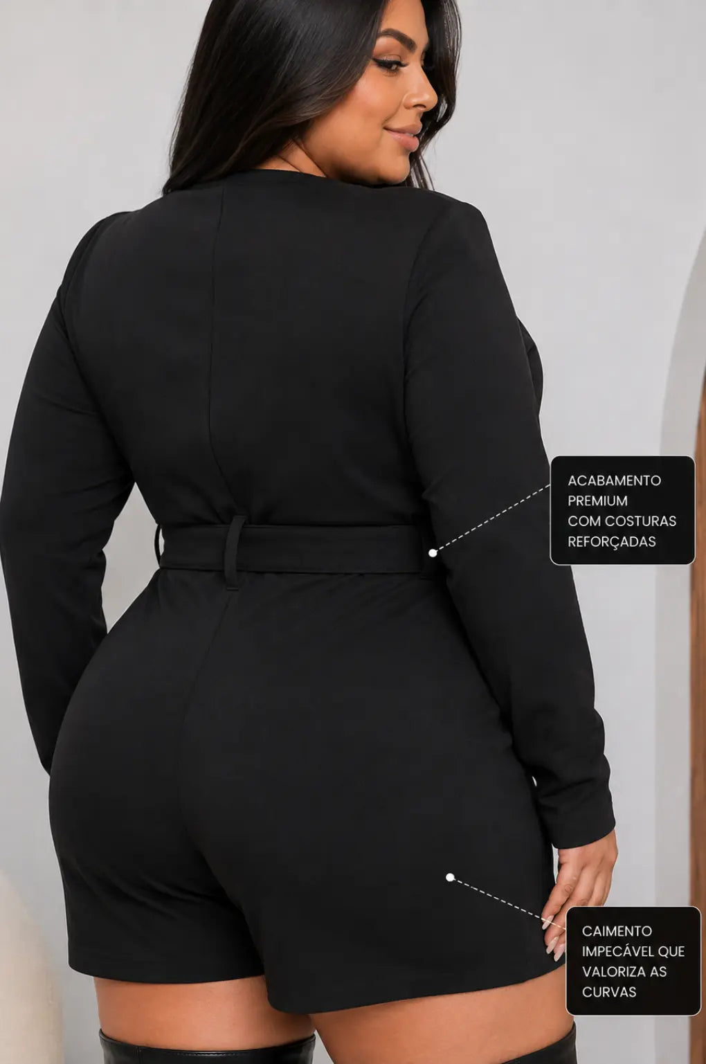 Macaquinho Plus Size Manga Longa com Cinto – Elegância e Sofisticação