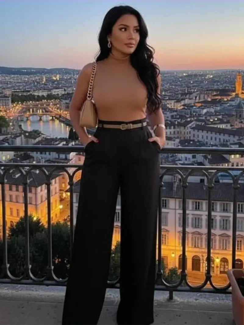 Calça feminina de linho preta Anchose Shein