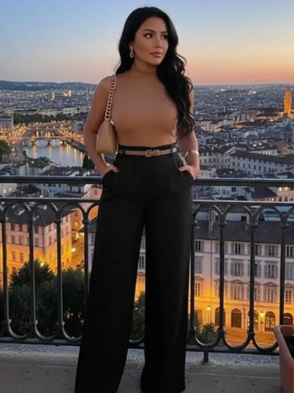 Calça feminina de linho preta Anchose Shein