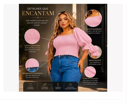 Blusa Cropped Plus Size Feminina Rosa com Manga