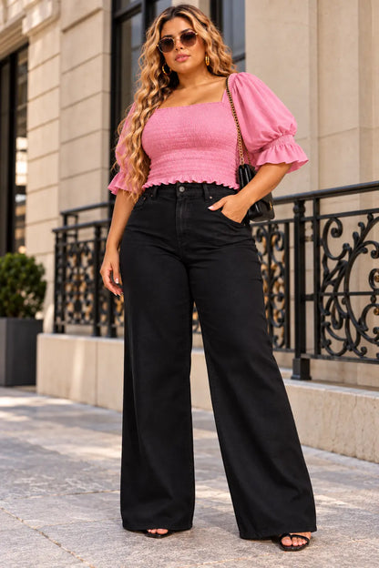 Blusa Cropped Plus Size Feminina Rosa com Manga