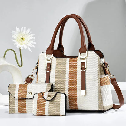 3 Piece Set Women's Bag 2024 Summer New Large Women's Handbag with Wallet Vertical Stripes Women's Shoulder Crossbody Bags