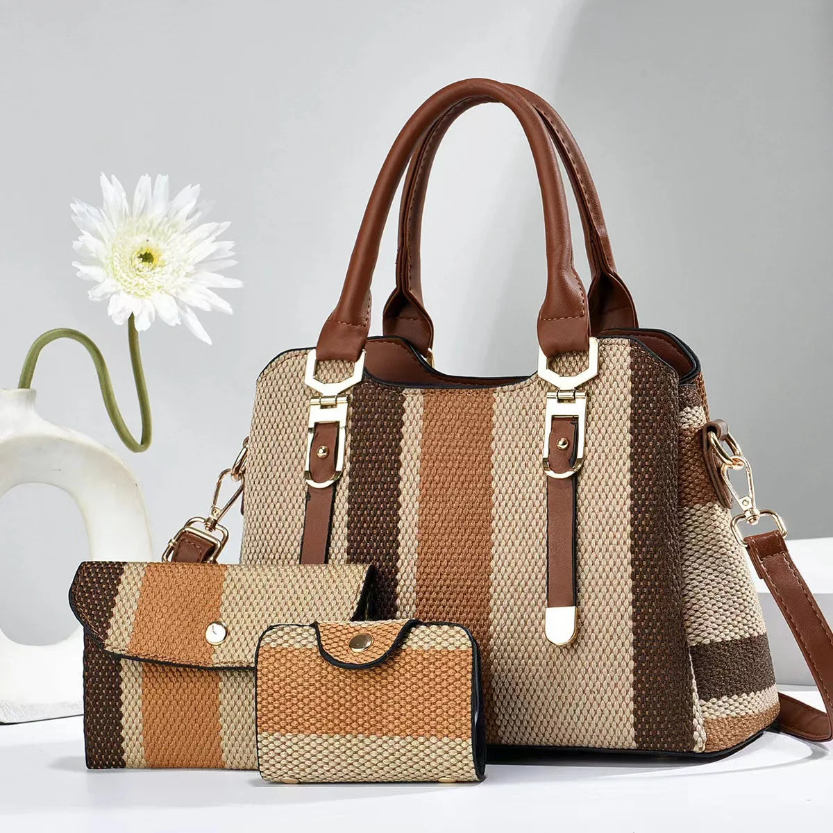 3 Piece Set Women's Bag 2024 Summer New Large Women's Handbag with Wallet Vertical Stripes Women's Shoulder Crossbody Bags