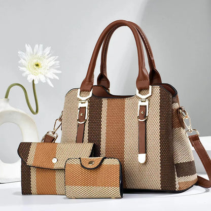 3 Piece Set Women's Bag 2024 Summer New Large Women's Handbag with Wallet Vertical Stripes Women's Shoulder Crossbody Bags