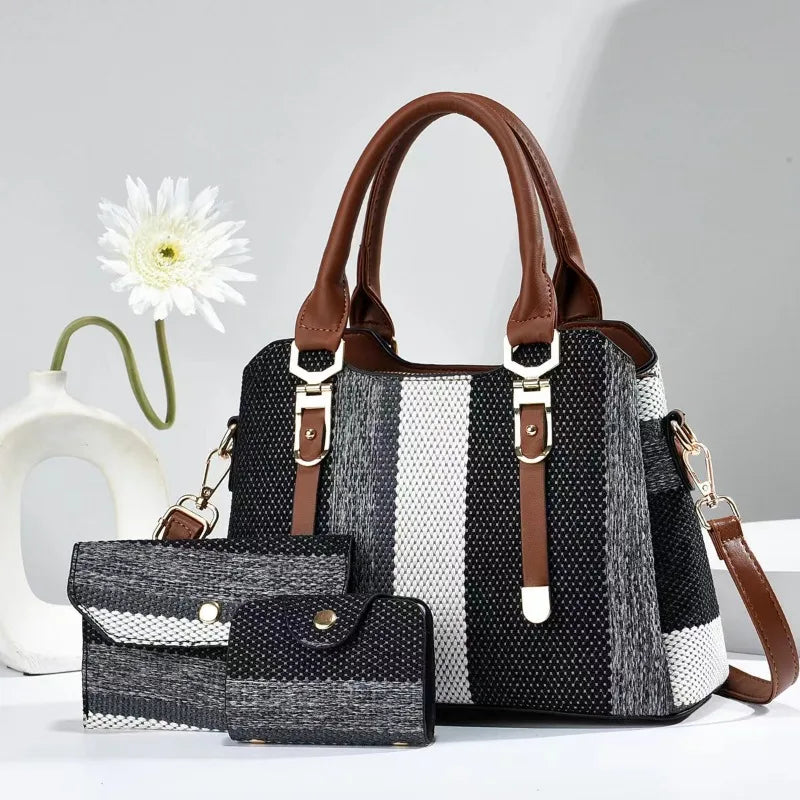 3 Piece Set Women's Bag 2024 Summer New Large Women's Handbag with Wallet Vertical Stripes Women's Shoulder Crossbody Bags
