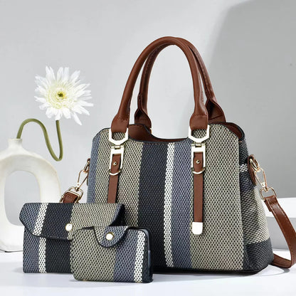 3 Piece Set Women's Bag 2024 Summer New Large Women's Handbag with Wallet Vertical Stripes Women's Shoulder Crossbody Bags