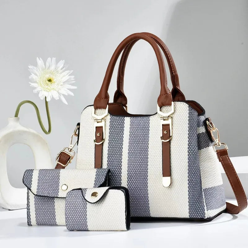 3 Piece Set Women's Bag 2024 Summer New Large Women's Handbag with Wallet Vertical Stripes Women's Shoulder Crossbody Bags