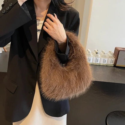 Solid Color Faux Fur Bag for Women Winter Soft Plush Handbags Ladies Small Elegant Tote Bags Fashion Trend Female Furry Purse