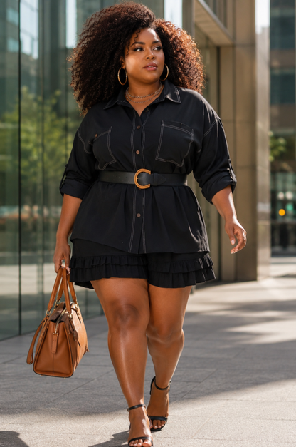 Camisa de Alfaiataria Pespontada Plus Size Marron Labellezas.com