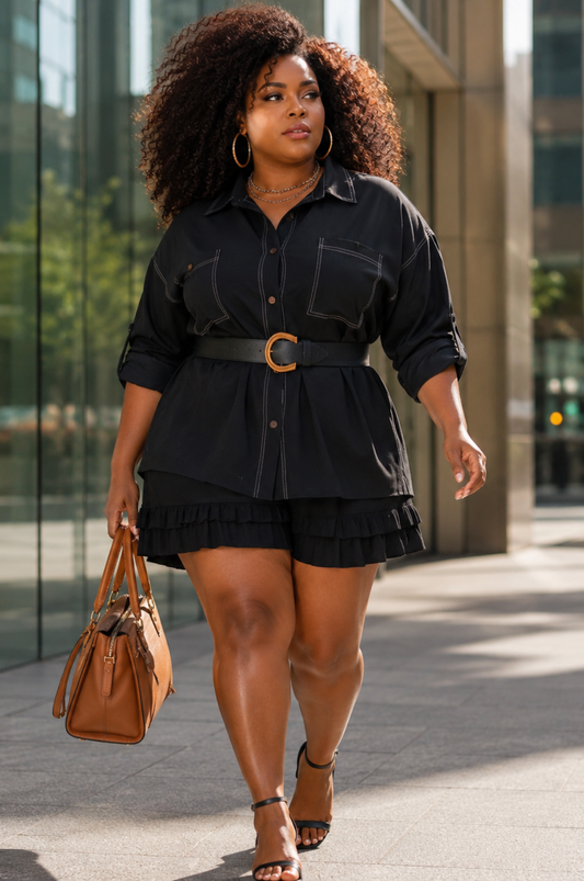 Camisa de Alfaiataria Pespontada Plus Size Marron Labellezas.com